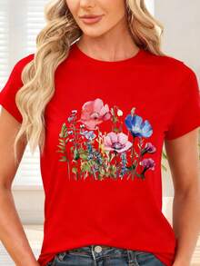 Colorful Floral Print T-Shirt For Casual Occasions And Spring - 紅色 - 查看 1