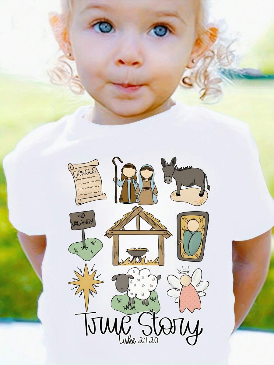 Camiseta De Pascua Y Navidad Basada En Una Historia Real - Casual, Cuello De Tripulación, Poliéster, Ligero Estiramiento, Estampado De Caricatura, Manga Regular, Manga Corta, Verano, Tops De Punto, Ajuste Regular, Tela De Punto - Blanco - Ver 1