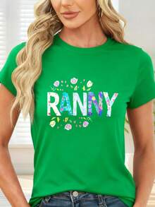Floral Print T-Shirt With RANNY Lettering For Casual And Festive Occasions - Green - View 6