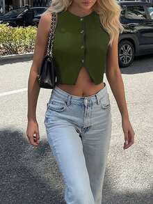 女士修身无袖V领针织露脐上衣 - 时尚休闲街头风（蓝色），复古返校秋季街头风