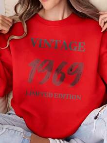 2025 Women's Retro 1969 Limited Edition Printed Crewneck Sweatshirt - Soft Gray Geometric Pattern Pullover, All-Season Casual Crewneck Sweater, Suitable For Casual Wear And 60s Style Clothing Casual Daily Wear - 白色 - 查看 5