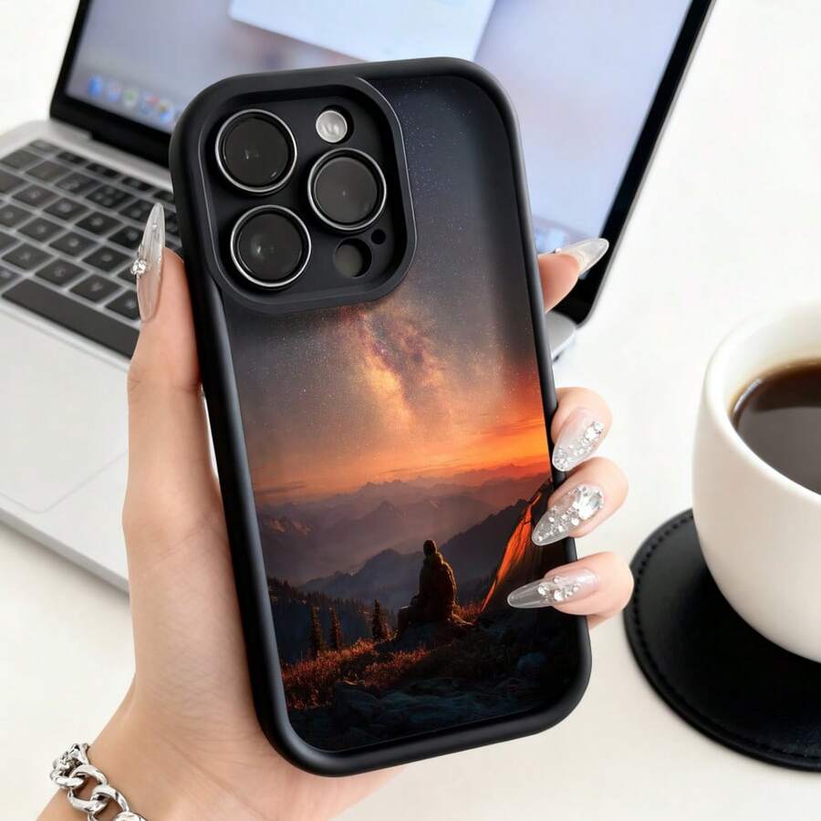 Cubierta de teléfono con borde negro diseño de atardecer en montaña para iPhone 14 Pro Max protector de pantalla resistente a golpes ideal para uso diario y viajes - Blanco - Ver 1
