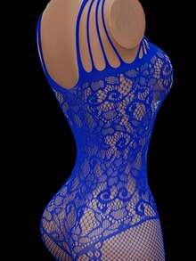 Plus Size Sexy Lingerie, Women's Elegant Black Lace Mesh Bodysuit - Seamless Short Sleeve Sheer Floral Fishnet Bodysuit, Full Coverage Butt Design, Paired With Thigh Highs, Comfortable Stretch, Suitable For Valentine's Day, Anniversary Gift, Sexy Stockings - Blue - View 4