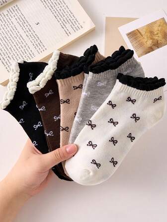 5 Pairs Women's Breathable Cute Bow Pattern Casual Short Socks, Suitable For Daily Wear And Outings, All Seasons