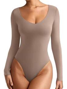 V Neck Long Sleeve Bodysuit - Comfy Double Lined Basic Top - Light Coffee - View 1