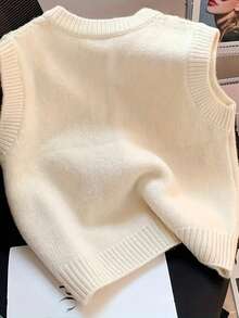 Casual Button Textured Knit Sleeveless Sweater Top - Apricot - View 3