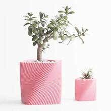 ORIZZONTE Modern Square Decorative Vase With Slanted Spiral Texture – Geometric Design For Succulents And Small Indoor Plants – Home/Office Gift Idea – Available In 2 Sizes – 100% Made In Italy, Shipping From Italy - 粉色 - 查看 2