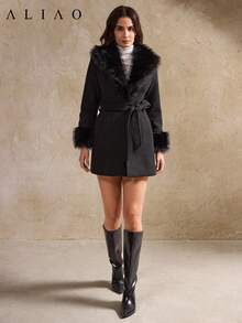 Veste d'hiver Aliao en fausse fourrure avec col en patchwork de fourrure, style rétro de palais élégant avec ceinture à la taille pour femmes. Convient pour les galas du soir, les mariages et le port quotidien en hiver - Noir - Voir 7