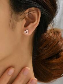 Cubic Zirconia Heart Design Stud Earrings Valentines - 玫瑰金色 - 查看 5