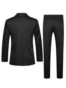 2 piezas Conjunto de traje de hombre talla grande, chaqueta blazer de doble botonadura a rayas y pantalones, vestimenta formal para negocios, boda, fiesta, banquete
