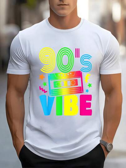 Cinta de casete retro con colores neón vibrantes que evocan la energía y alegría de la cultura musical y urbana de los a?os 90 transmitiendo una sensación positiva y dinámica perfecta para quienes aman la nostalgia divertida camiseta de hombre 100% algodón 220g
