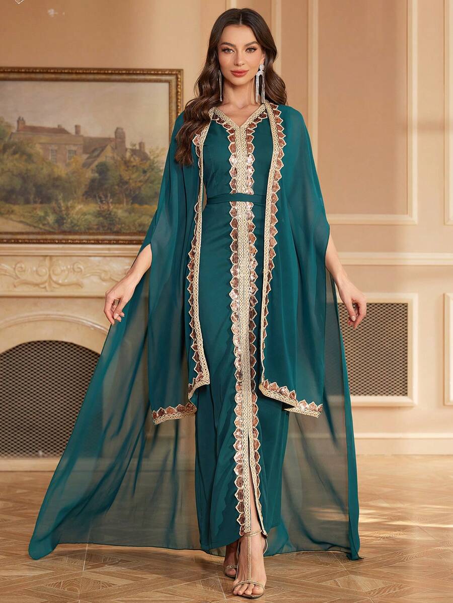 Women's Sequined Dress Set Chiffon TwoPiece Dress Cloak Robe - Green - View 1