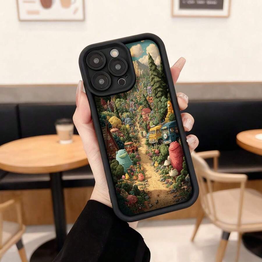 Cubierta de teléfono con borde negro diseño de bosque mágico con personajes coloridos y camino pintoresco para uso diario en cafeterías y salas de estar Aplicable a los teléfonos de la serie Apple y Galaxy - Burdeos - Ver 1