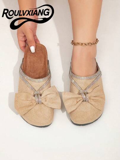 roulvxiang New Autumn And Winter Diamond Sequin Bow Imitation Wood Grain Women's Flat Sole Shoes