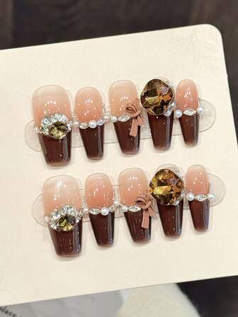 10 piezas de uñas postizas acrílicas hechas a mano en ombré marrón ámbar para otoño/invierno, uñas postizas falsas con estampado de hoja de arce de ojo de gato marrón, uñas falsas de almendra de longitud media, suministros de arte de uñas DIY, reutilizables, con pegamento de gelatina y lima de uñas