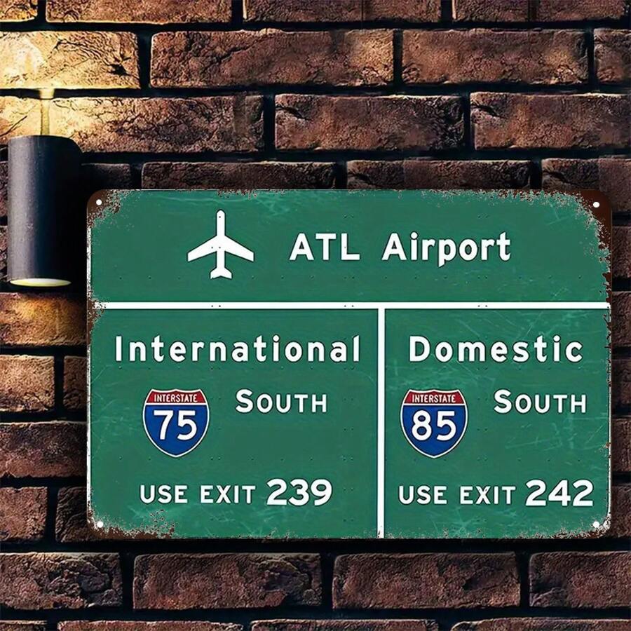 2D Flat, 1pc Vintage Atlanta Airport (ATL) Highway Sign - Heavy-Duty Iron Construction, 8x12 Inch Large Retro Aviation-Themed Directional Traffic Board With I-75/I-85 Labels & Exit Numbers For Indoor/Outdoor Use - Model Airplane Design - Ideal For Home, Office, Or Aviation Enthusiasts - Collectible Souvenir - Durable Metal Replica Of Interstate Highway Signs - Suitable For Garage Or For Man Cave, 2D Flat - 黑色 - 查看 1