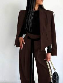 Conjunto de invierno para mujer 2026 nueva llegada, elegante conjunto de 2 piezas para ir al trabajo con blazer corto de corte holgado y diseño retro de moda con cintura con lazo y pantalones de pierna ancha, unicolor - Café integral - Ver 4