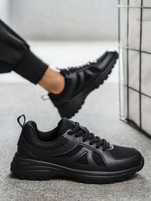 Elegante calzado deportivo negro, cómodas zapatillas de tenis acolchadas, parte superior de malla transpirable para exteriores, calzado informal con parte superior de malla suave, adecuado para caminar, correr al aire libre, entrenamientos en el gimnasio y trotar. - Negro - Ver 2