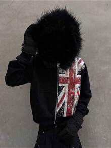 2025 New Fur Collar Printed Zipper Sweater Long Sleeve Pullover Hoodie Retro Jacket Street  Y2k - 黑色 - 查看 1