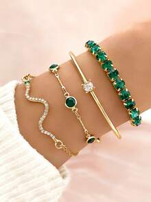 Conjunto De 4 Pulseiras De Cobra De Strass Verde Vintage Pulseira De Empilhamento De Olho De Esmeralda Verde - Verde - Visão 1