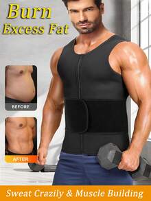 Mens Fitness Sauna Sweat Suit Vest Shapewear Waist Trainer Trimmer Thermo Heat Trapping Belly Abdomen Compression Fat Burner Slimming Firm Tummy Control Tank Top Body Shaper Shirts Zipper Girdle Corset Sports Gym - 黑色 - 查看 2