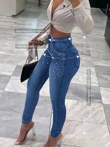 Ladies' Sexy Waist Hit Tight Jeans, Paired With Pearl Decorations, Suitable For All Seasons, Suitable For Daily Outings, Dates, Birthday Parties, Bars, Banquets - 中等水洗藍 - 查看 8