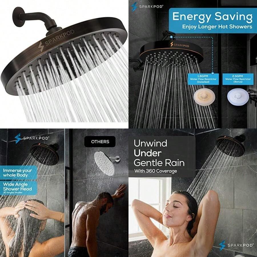 SparkPod Cabezal de ducha de lluvia de presión, los mejores cabezales de ducha para baño, ángulo ajustable para la máxima ducha de baño, instalación en 1 minuto, ajuste universal (negro mate)(8" Round Bronce aceitado clásico - 8" Round) - Multicolor - Ver 1