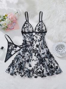 Bộ 2 món/Bộ đồ ngủ hở lưng phối lưới họa tiết hoa gợi cảm dành cho nữ, Bộ đồ lót phù hợp cho các buổi hẹn hò, ngày lễ, tiệc tùng - màu đen - Xem 13