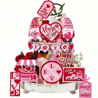 16 piezas Conjunto de decoración para bandeja de San Valentín, decoración de mesa de estilo rústico para San Valentín con corazones de madera abrazando y besando, adecuado para regalos de boda y fiestas (bandeja no incluida)