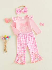 Conjunto de 3 piezas de mameluco de manga larga con estampado de lazo para niña con pantalones acampanados a cuadros y diadema para otoño - Rosa - Ver 9