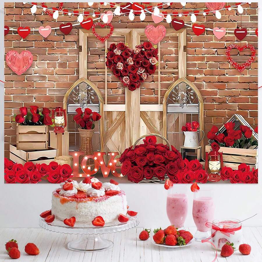 1 pieza Pancarta de decoración con tema de San Valentín de pared de ladrillo vintage con corazón de rosa roja - 82.7 * 59.1/70.87*53.15/59.1 * 39.4/39.4 * 29.5 pulgadas, Ramo de rosas rojas AMOR Decoración de fiesta con tema de San Valentín, Pétalos de rosa Fondo de fotografía para pareja dulce, Suministros de fiesta con tema de San Valentín Decoración de estudio de fotografía - Multicolor - Ver 1