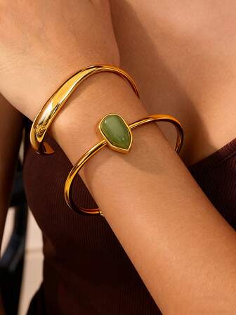 1件复古绿色天然石开口手镯，18K镀金不锈钢手镯，开口可调节手镯，女士日常时尚配饰