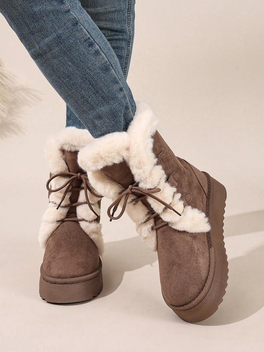 Women's Tall Slip On Winter Snow Boots Warm & Insulated Fur Lining Comfortable Fashion Booties - Màu Khaki - Xem 1