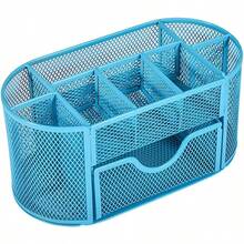 Metal Mesh Desk Organizer With 9 Compartments MultiFunction Pen And Stationery Holder Wholesale Dimensions 8.66x4.33x3.93 Inches - Blue - View 1