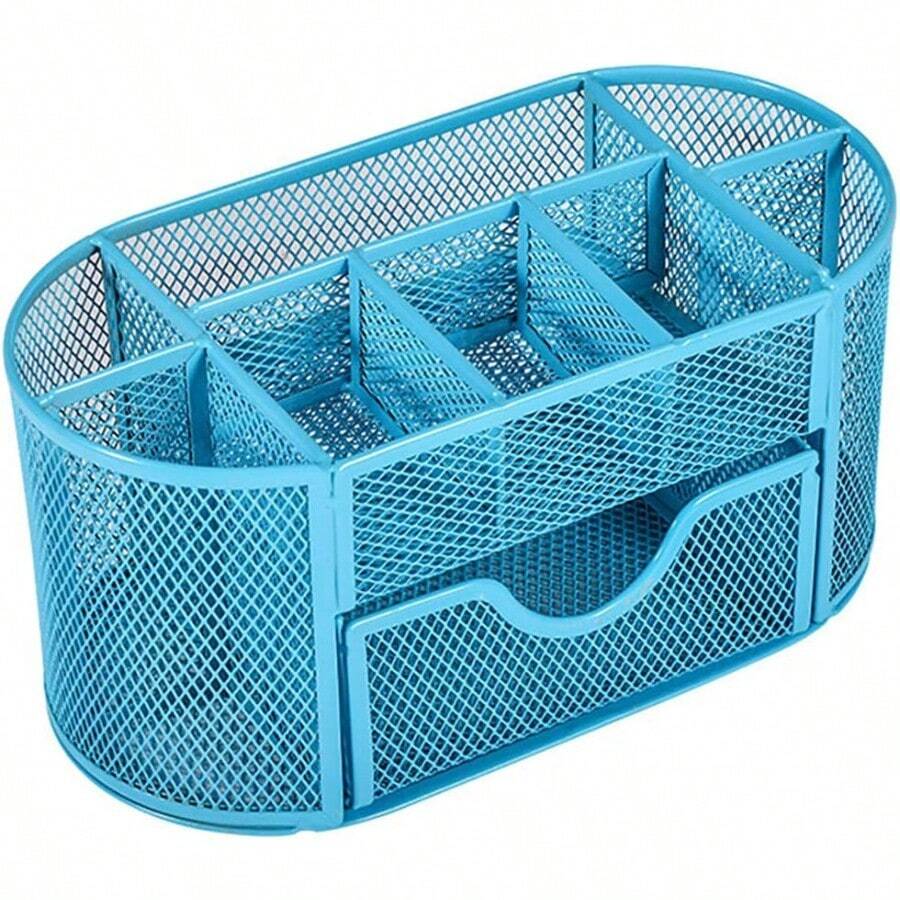 Metal Mesh Desk Organizer With 9 Compartments MultiFunction Pen And Stationery Holder Wholesale Dimensions 8.66x4.33x3.93 Inches - Blue - View 1