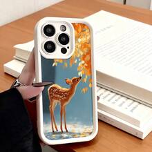 Cubierta de telefono con diseño de ciervo bebé en otoño color negro con estampado de hojas caídas y ciervo joven para uso diario y trabajo - Negro - Ver 3