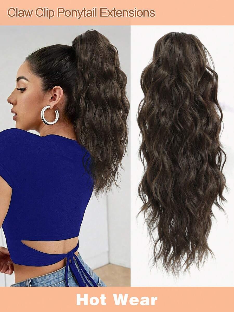 18" Ponytail Extension Claw Long Multi Layered Hair Fluffy Thick Water Wave Hair Jaw Clip In Fake Pony Tails Fake Hair Soft Natural Looking Synthetic Hairpiece For Women Dark Chocolate Brown Hair Extensions - Dark Brown - 查看 1
