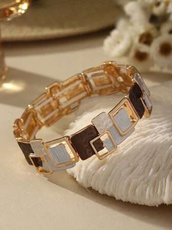 1pc Fashionable, Elegant, Minimalist Retro Charming Creative Khaki Drip Oil Thin Enameled Zinc Alloy Square Decorative Bracelet, Suitable For Women's Daily Wear, Vacation, Gathering, Party, Gift