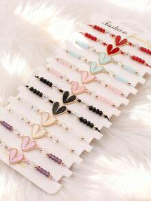 Handmade Woven Heart-Shaped Bracelets, Suitable For Women As Gifts. Can Be Purchased In Single Colors. Women's Bracelet Sets, Fashionable Accessories For Mother's Day, Father's Day, Valentine's Day, Thanksgiving - Cute, Charming Bracelets To Wear Yourself Or Give As Gifts To Friends, Girlfriends, Couples, Mothers - Multicolor - View 1