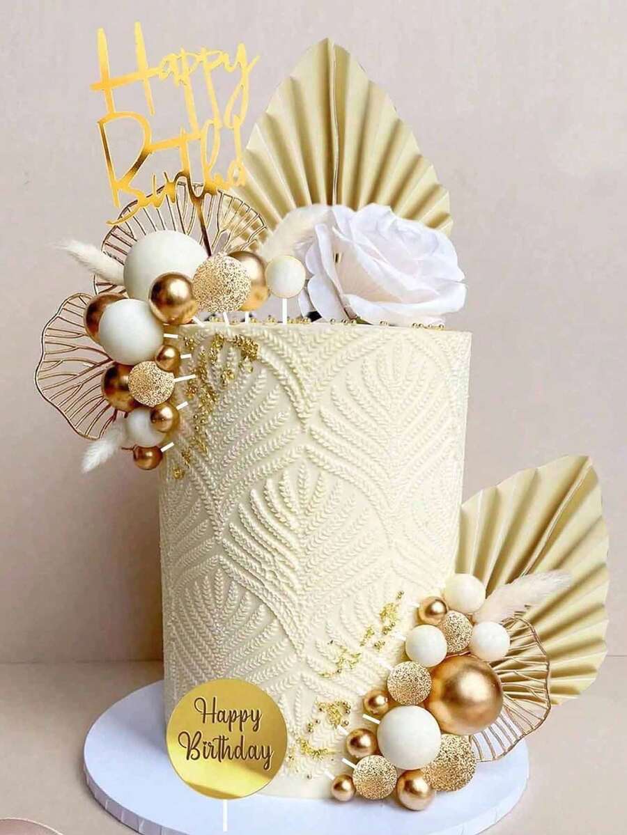 26pcs Bohemian Style Gold Cake Decoration Set, Gold & White Foam Balls, Happy Birthday Cake Topper, Gold Folding Fan, Ginkgo Leaf Cake Decor, Suitable For Baptism, Wedding, Retirement Party, Birthday Cake Decoration, Luxury Style Cake Decor Supplies (Please Use With White Sticks.) - Multicolor - View 1