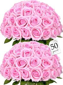 50 Pcs Artificial Roses Bulk Velvet Silk Pink Roses Pink Roses For Wedding Centerpieces Bridal Bouquet Mother's Day Valentine's Day Home Decor (50, Pink) - 粉色 - 查看 2