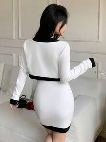 abyoxi 女款拼色金色單排扣長袖圓領短版針織開襟外套，搭配抹胸修身迷你洋裝，彈性針織面料兩件套，復古優雅迷人時尚，適合辦公通勤、日常出遊、休閒聚會、約會，秋冬穿搭 - 白色 - 查看 2