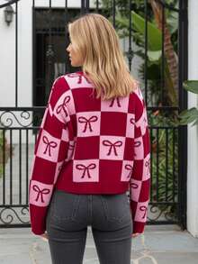 Women Valentine Cardigan Heart/Bow Crewneck Long Sleeve Button-Up Knitted Sweater For Winter Fall Spring - Red - View 6