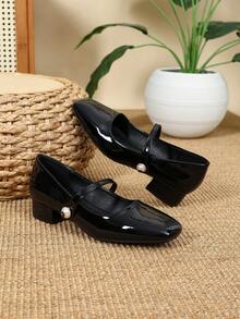 Bombas de Mary Jane blancas con tacón de 3 cm cubierto de tela, versátiles y adecuadas para todas las estaciones - Negro - Ver 7