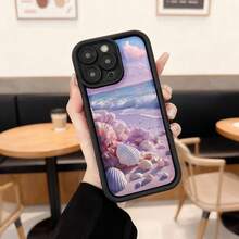 Cubierta de teléfono con borde negro diseño de playa rosa con conchas y cielo nublado para uso diario en cafeterías y viajes Aplicable a los teléfonos de la serie Apple y Galaxy - Café integral - Ver 3