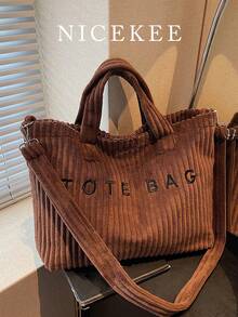Bolso de mano versátil de estilo minimalista casual, bolso de hombro elegante de gran capacidad con rayas de unicolor, bolso cruzado de moda con decoración de letras, adecuado para el trabajo, el transporte, las compras y otras ocasiones - Café integral - Ver 1
