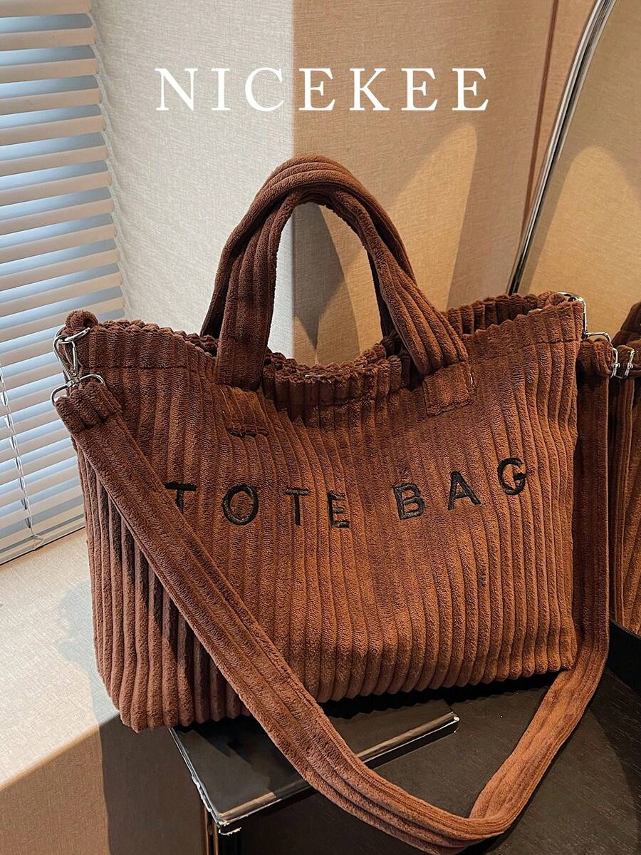 Bolso de mano versátil de estilo minimalista casual, bolso de hombro elegante de gran capacidad con rayas de unicolor, bolso cruzado de moda con decoración de letras, adecuado para el trabajo, el transporte, las compras y otras ocasiones - Café integral - Ver 1
