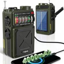 复古便携式应急无线电收音机 - AM/FM/WB/SW/NOAA 天气广播，配备无线蓝牙，4000mAh 大容量电池，三种充电方式 - USB 和手摇充电，太阳能充电，手电筒和 LED 阅读灯，SOS 报警和白噪音，适用于户外活动、防灾、露营和季节性灾害暴风雨停电应急手机充电设备，完美礼物 - 軍綠色 - 查看 12
