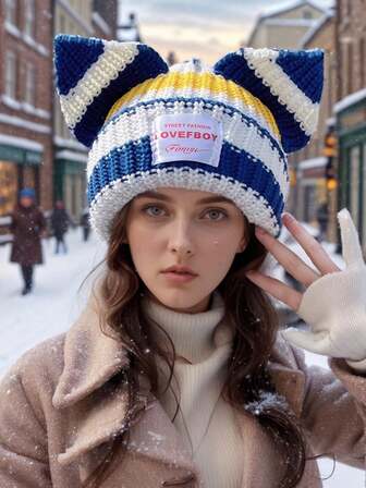 1pc Women's Autumn/Winter Colorblock Cat Ear Bucket Hat, 3D Cat Ear Design, Multicolor Striped Elements, Brimless Style, Thick Knit Fabric, Letter Patch Decor, Cute, Casual Daily Wear, Influencer Same Style, Suitable For Campus, Hangout With Friends, Everyday Outings, Theme Parties, Park Leisure Cold Weather Outfit Women