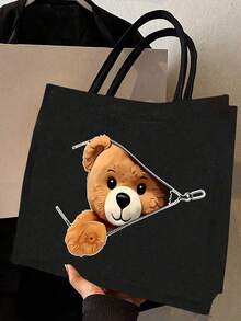 Cute Teddy Bear Zipper Tote Bag, Hand Bags, Purse, Large Capacity Foldable Handbag ,Teddy Tote Bag,Large Makeup Bag,Makeup Pouch, Simple Makeup Storage Bag With Zipper, Stationery Supplies Bag,With Ic Closure, Black & Brown Teddy Bear Print Design, Golden-Toned Zippers,Ideal Gift For Teachers, Friends ,Weddings, Birthdays, Women's Cosmetics Storage,Travel Essential ,Travel Essential Bag - Multicolor - View 3